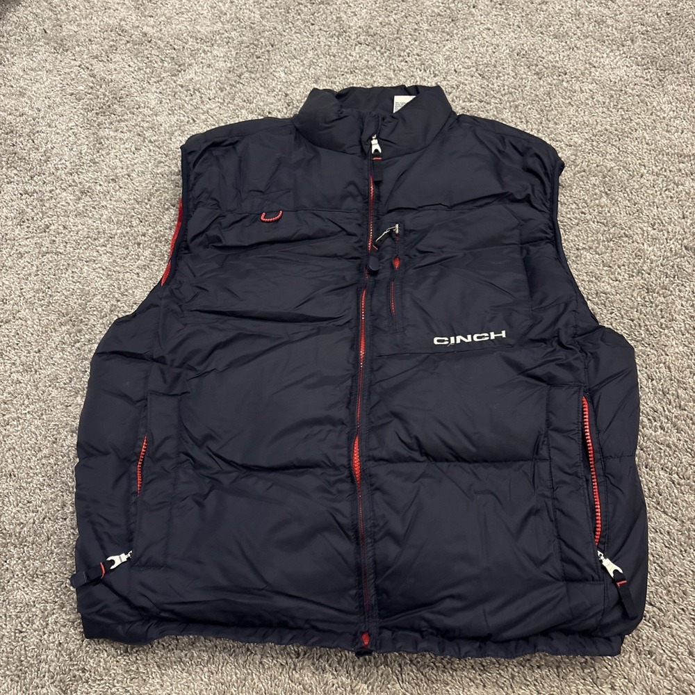 Vintage 90's Cinch USA FLAG Blue Red Reversible Down Puffer Vest Sz Large Warm